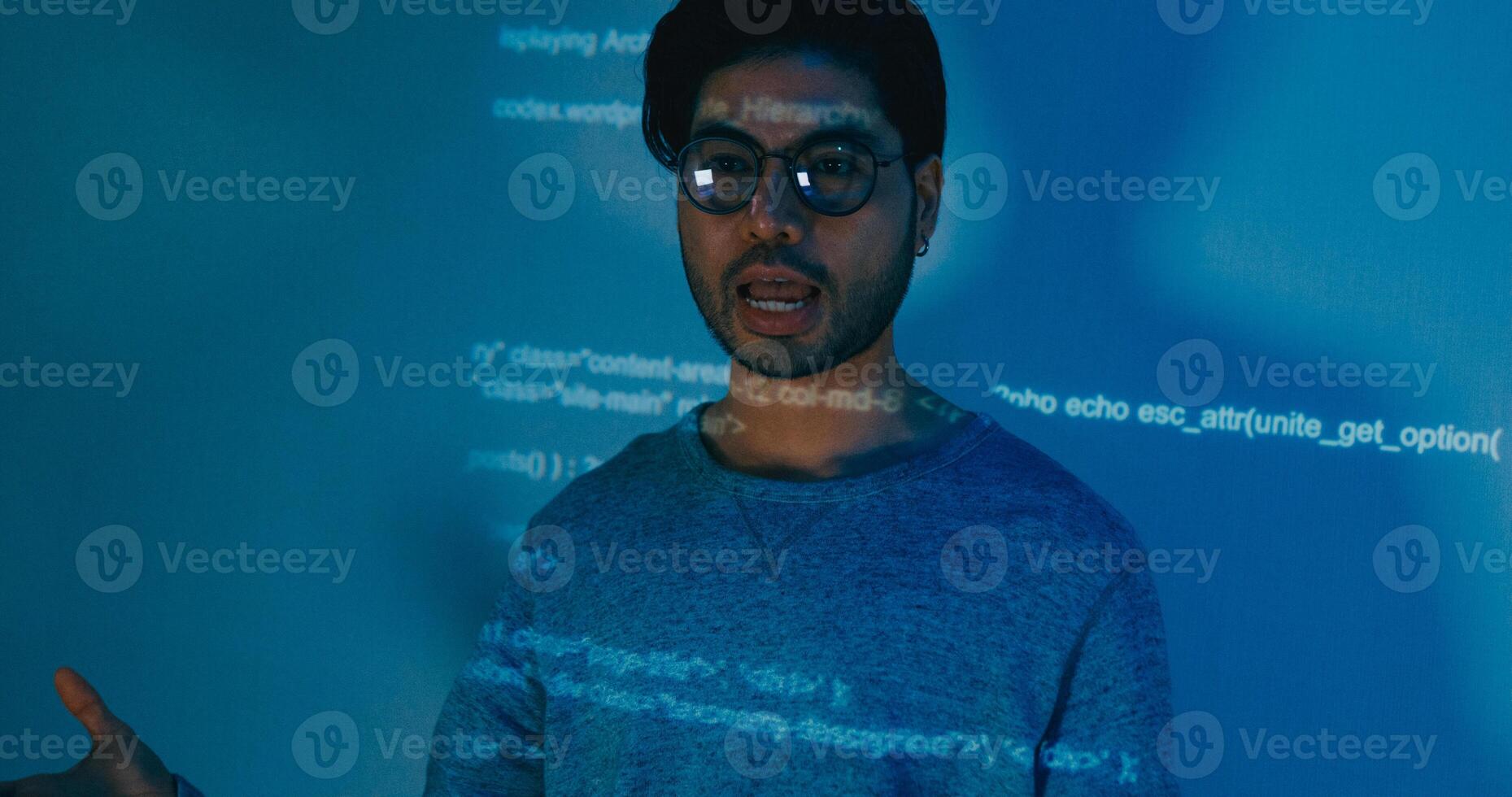 Asia male software developers mentor leader manager talk strategy plan to executive write prompt AI bot IT app program nomad, designer, data center. Projecting slideshow photo