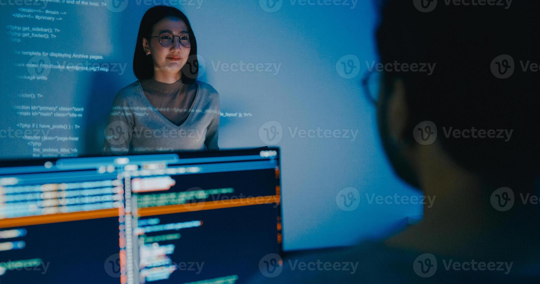 Group adult Asia female software developer mentor leader manager talk strategy plan to executive write prompt AI bot IT app program nomad, game, designer, data center. Projecting slideshow code. photo