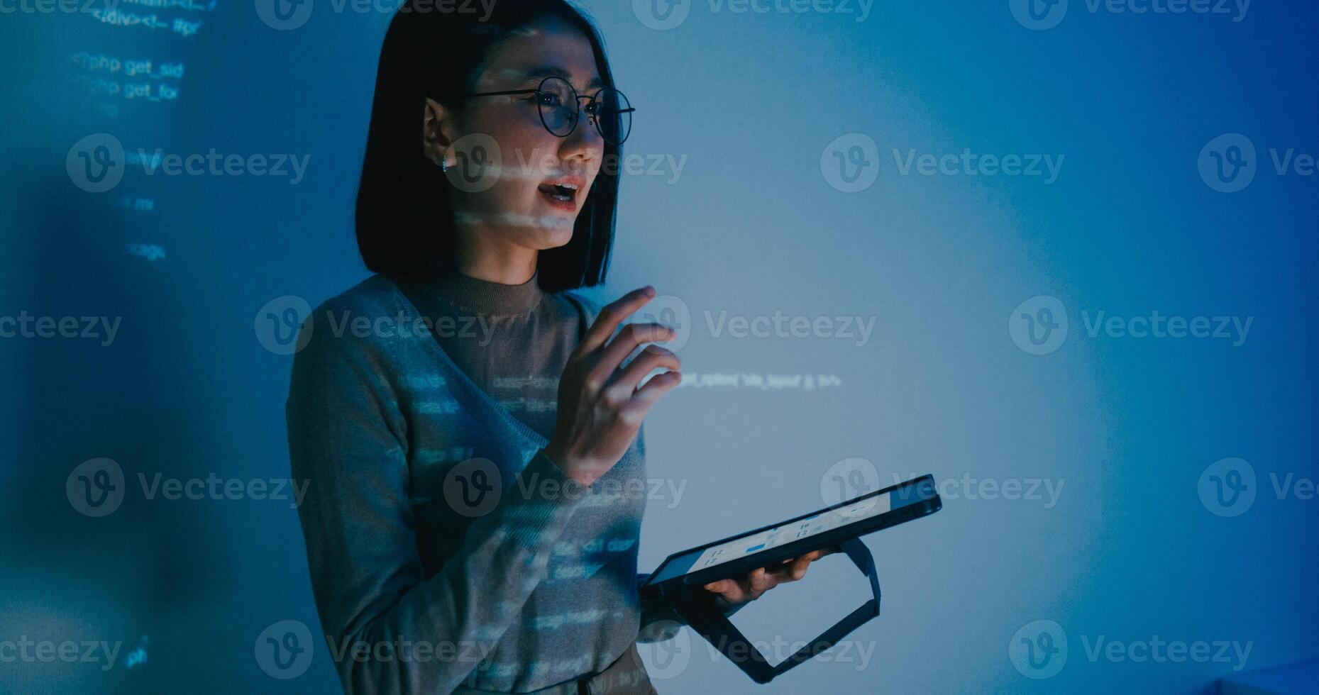 Asia female software developer mentor leader manager talk strategy plan to executive write prompt AI bot IT app program nomad, game, designer, data center. Projecting code. photo