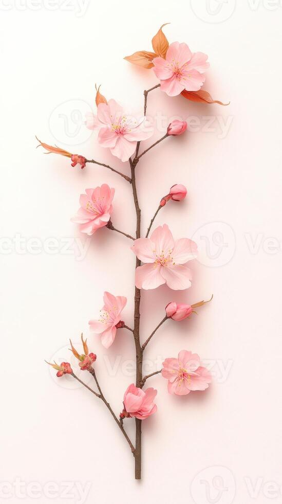 Delicate pink blossoms on a slender branch against a soft white surface. Elegant floral arrangement showing spring beauty and natural simplicity. Close up detail with gentle light. photo