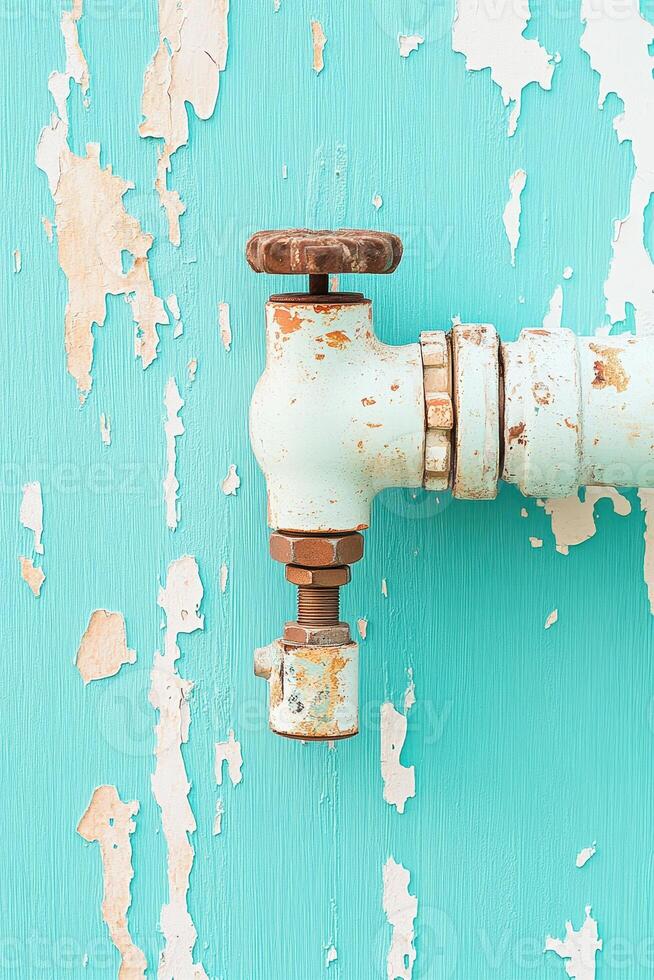 Aged light blue painted wall showing an old rusted faucet attached and peeling paint texture on exterior wood surface photo