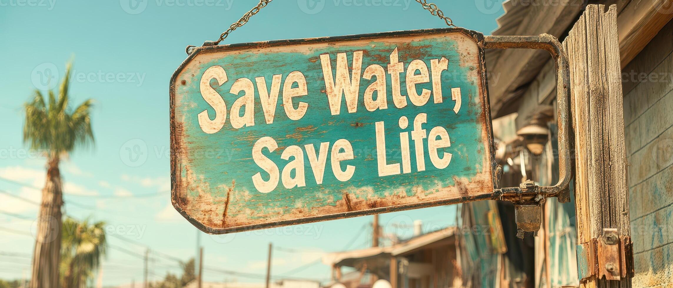 Turquoise sign hangs, reading Save Water, Save Life. Palm tree is blurry behind, under blue sky. Rustic wood post holds the sign. photo