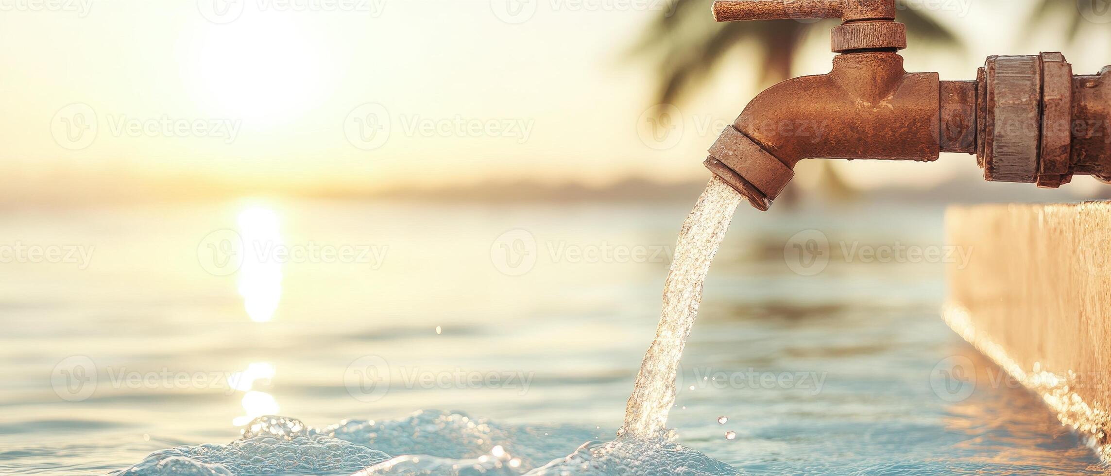 Old metal faucet pours clean water stream into swimming pool during bright sunrise. Clear water flows from tap. Summer vacation theme. photo