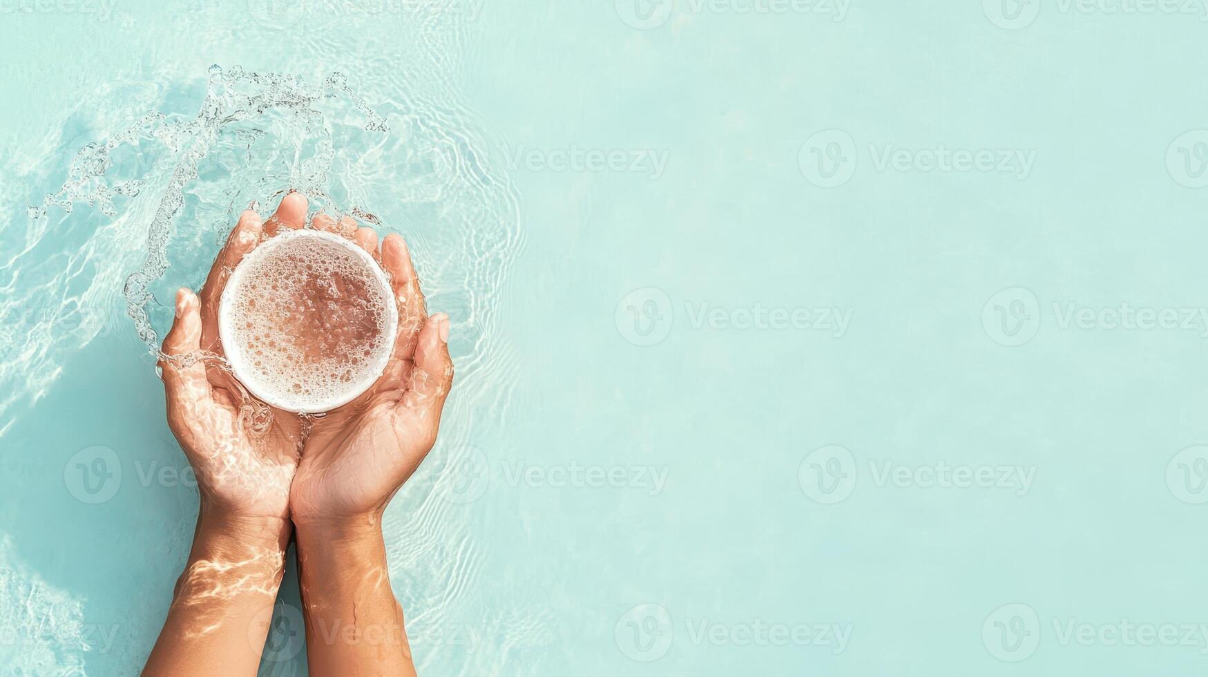 Hands holding round container with bubbling liquid on blue surface. Clear water ripple effect with sun light and copy space to the right. photo