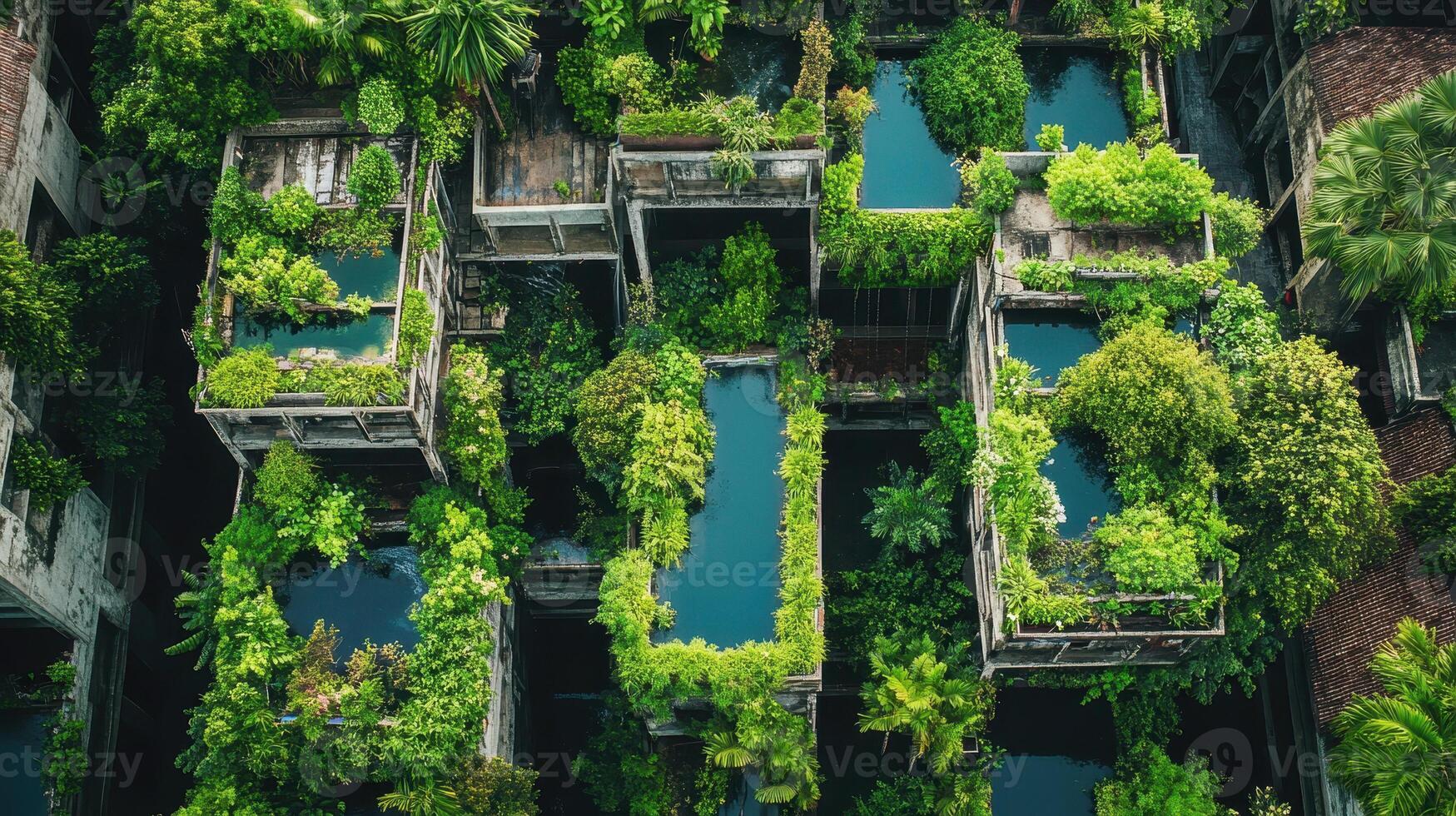 Aerial view of weathered concrete structures overgrown with dense green vegetation and calm pools of water in an outdoor setting photo