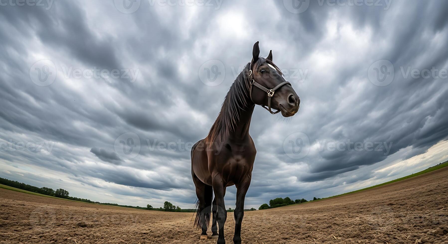 A horse standing in a field under a cloudy sky photo