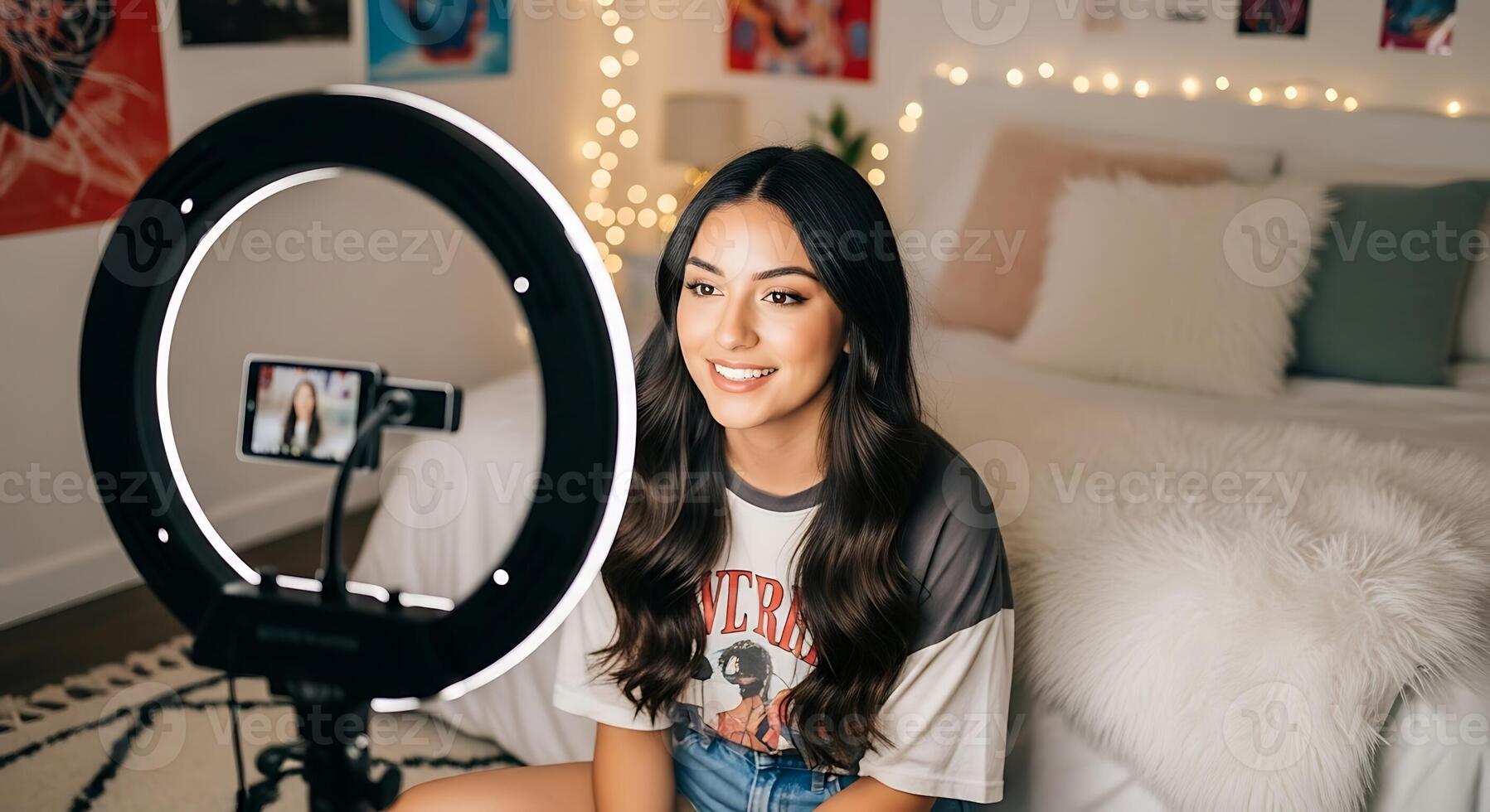 A woman sitting on a bed with a camera in front of her photo