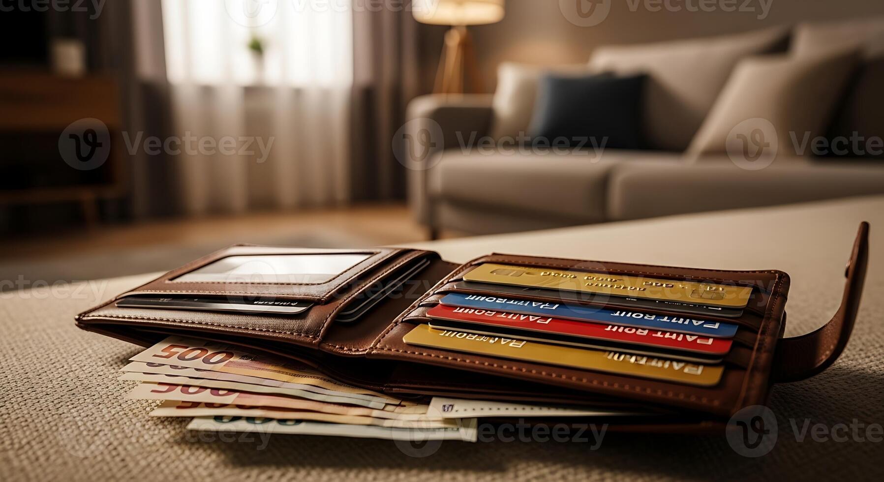 Wallet with credit cards and money on bed photo