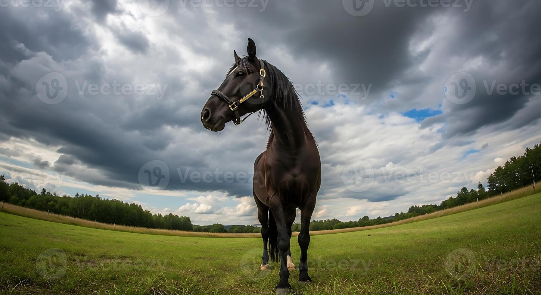 A horse standing in a field with a cloudy sky photo
