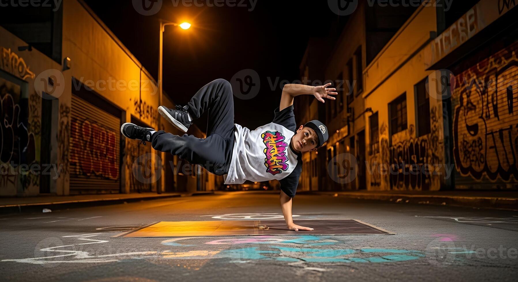 Breakdancer performing in urban area at night photo