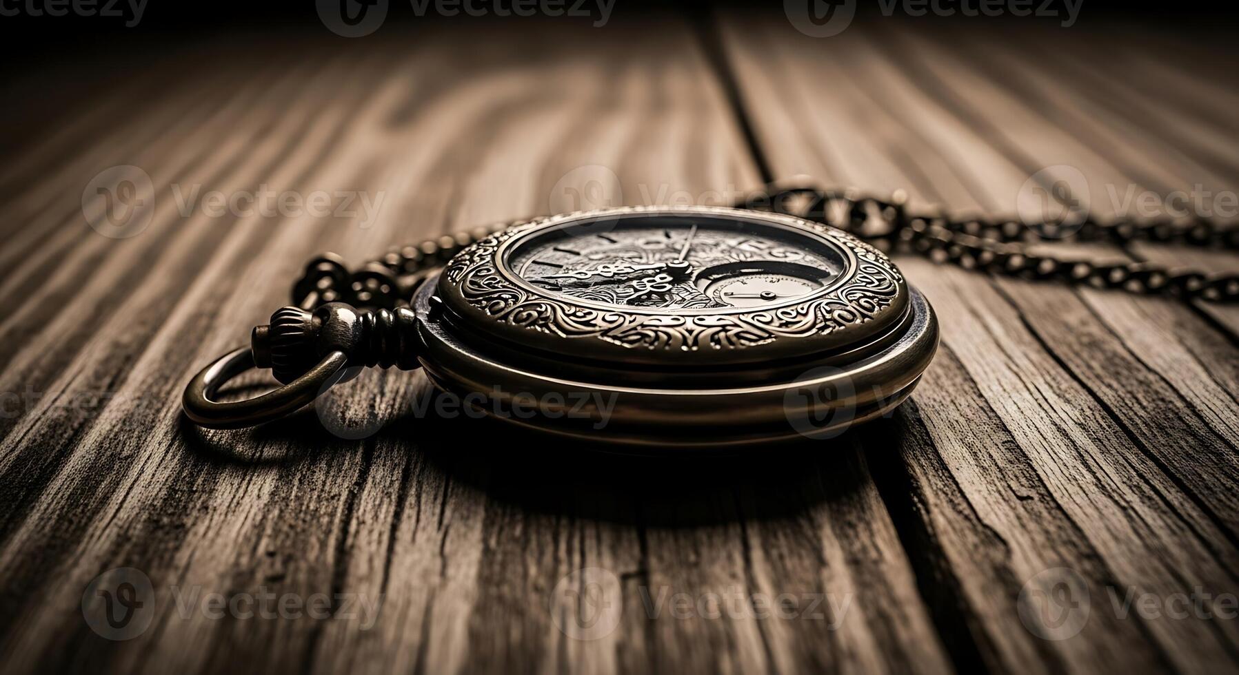 An old pocket watch on a wooden table photo