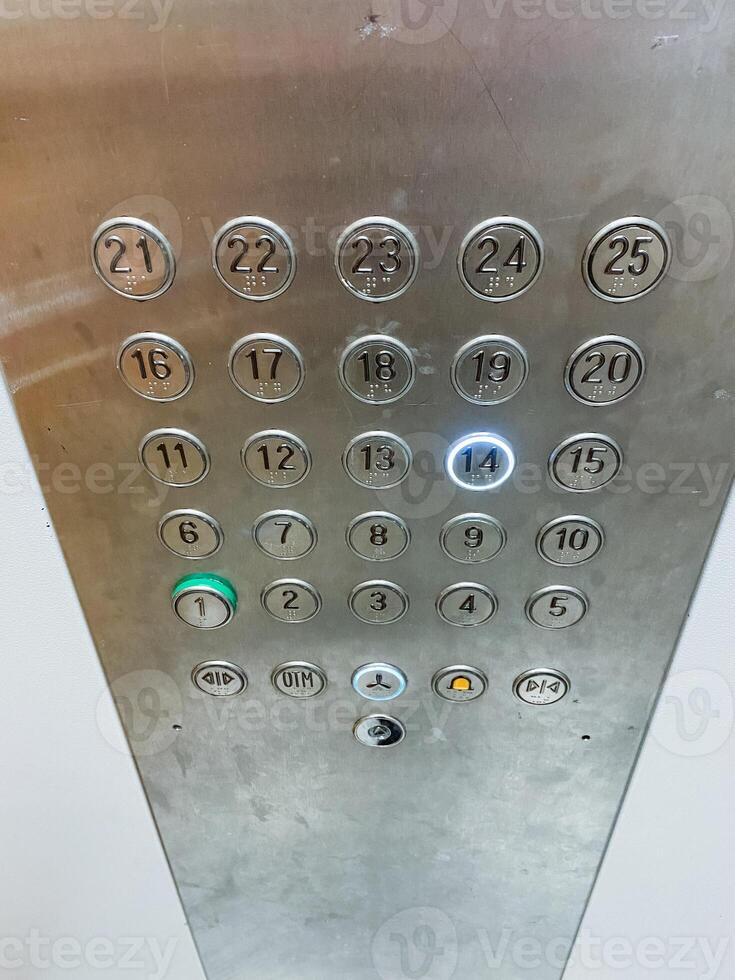 This image showcases a closeup view of elevator buttons, prominently displaying the number 21 at the top. The buttons are made of silver material, enhancing their modern appearance photo