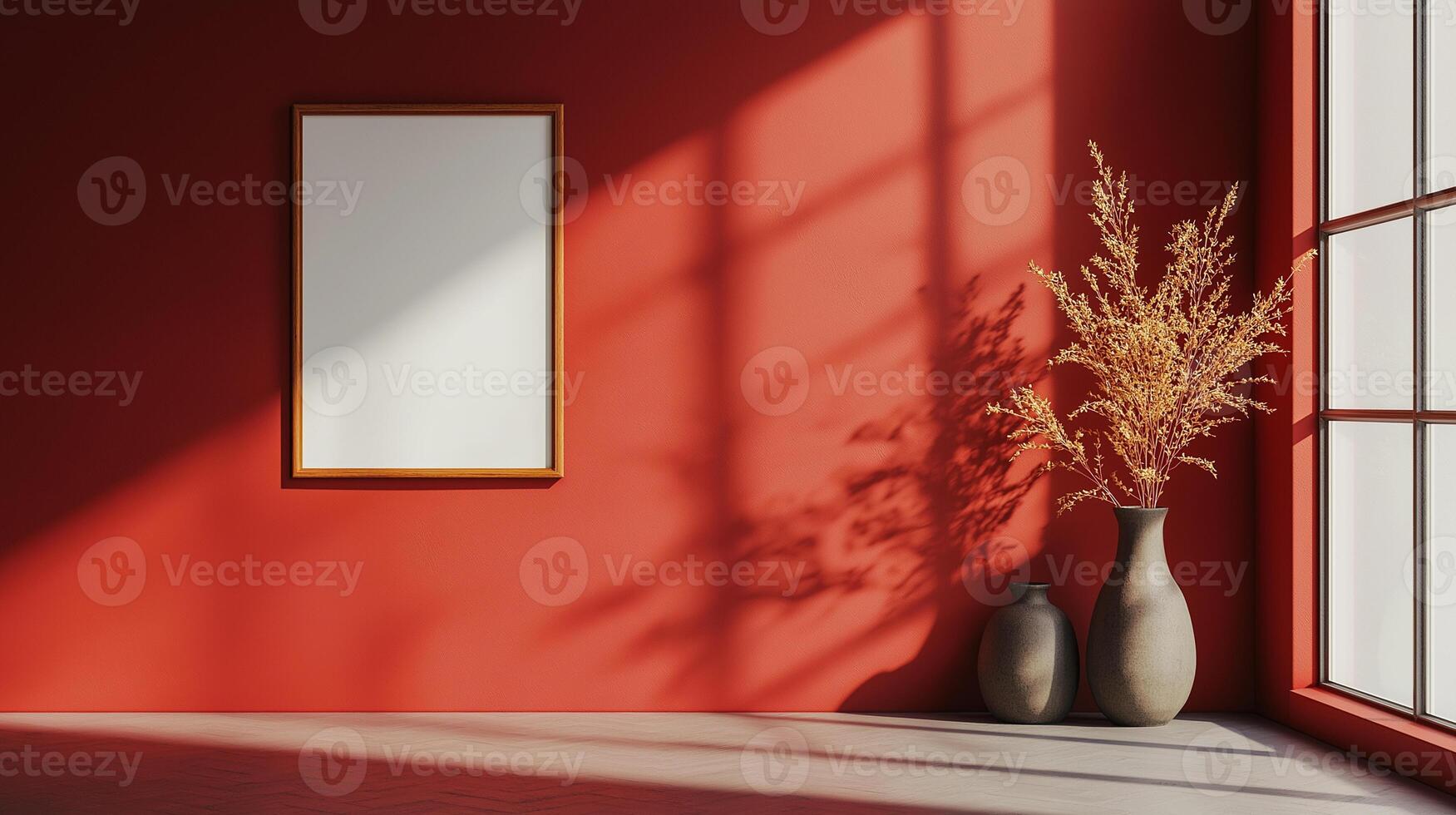 Stylish minimalistic composition mockup picture frame on wall and vases decoration living room on red wall photo
