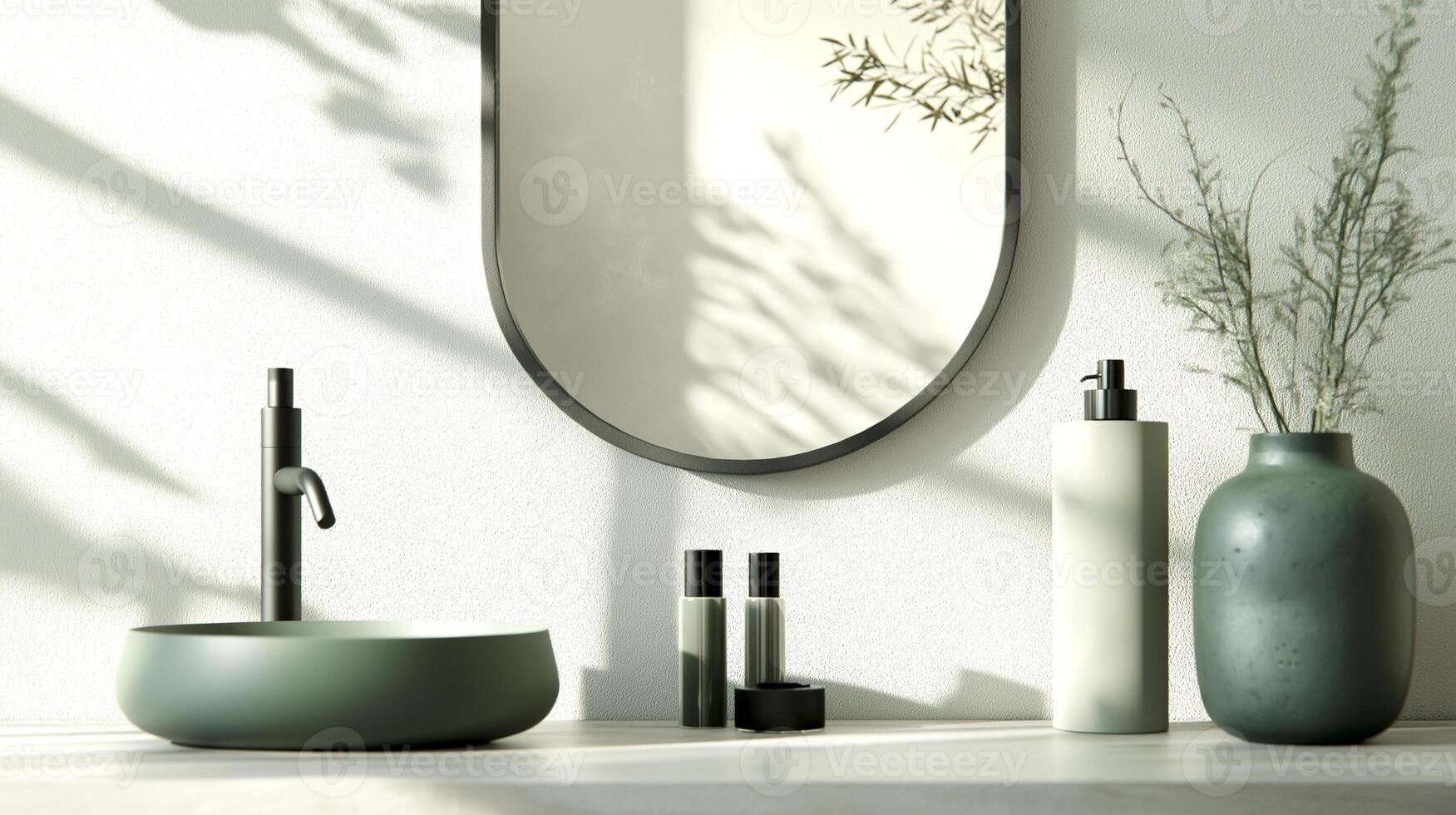 Close up of green sink with oval mirror hanging in on white wall, minimal modern style with black faucet in bathroom photo