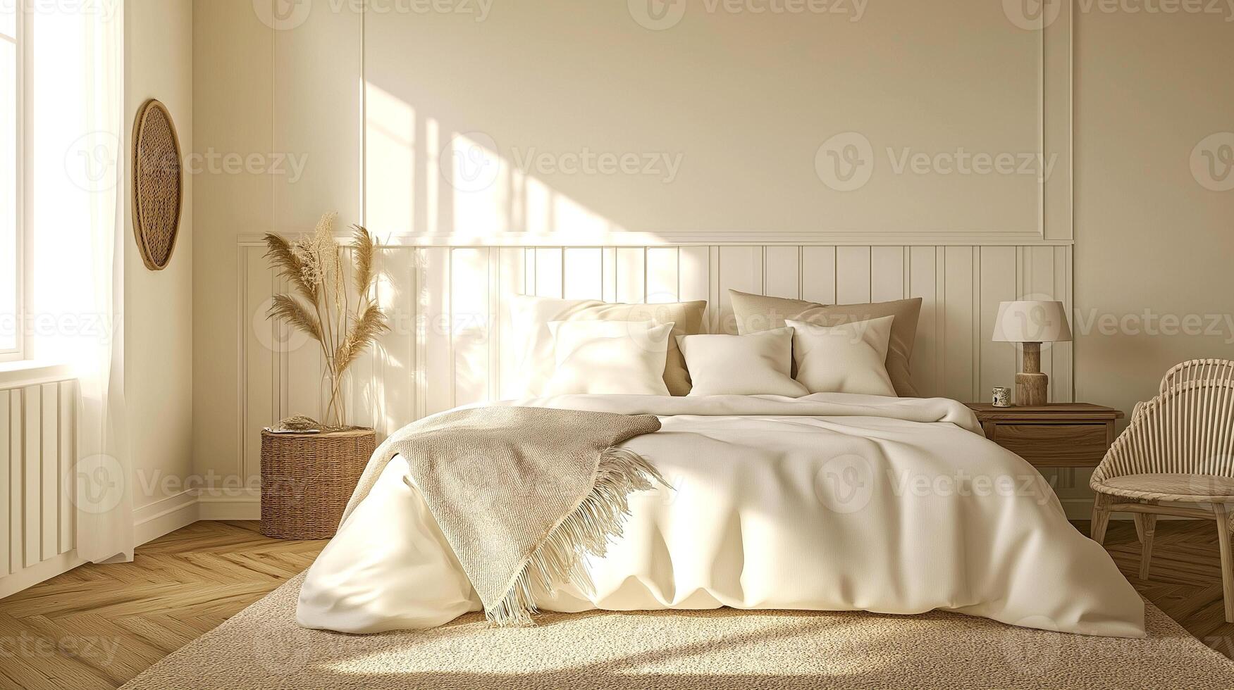 Serene Bedroom white beige color scheme with Morning Sunlight and Boho Chic Decor photo