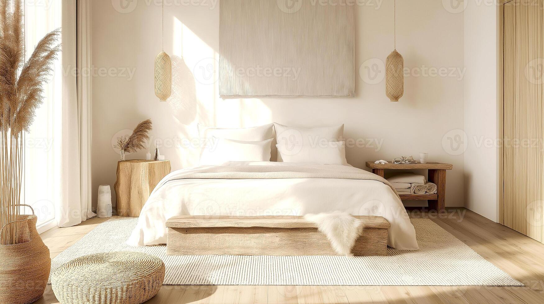 Stylish Minimalistic Bedroom white beige color scheme with Morning Sunlight photo