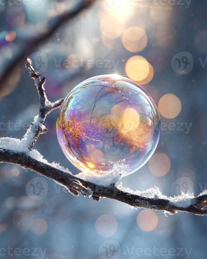Prismatic Reflections on Frozen Bubble in Snowy Tree photo
