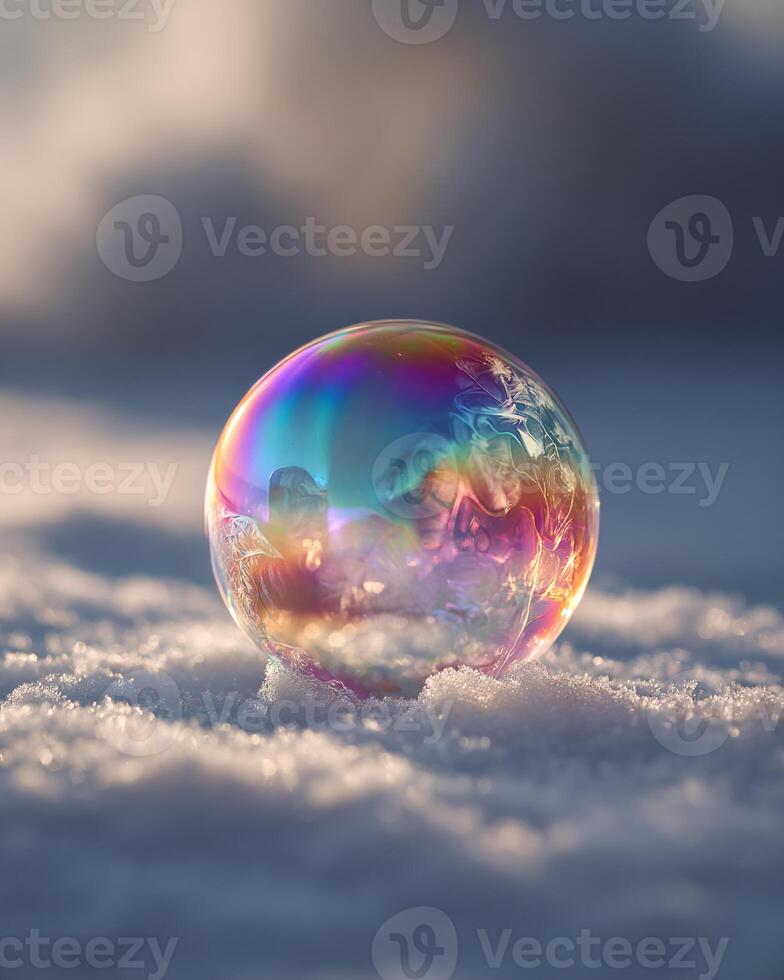 Macro Frozen Bubble with Prismatic Reflections on Snow photo