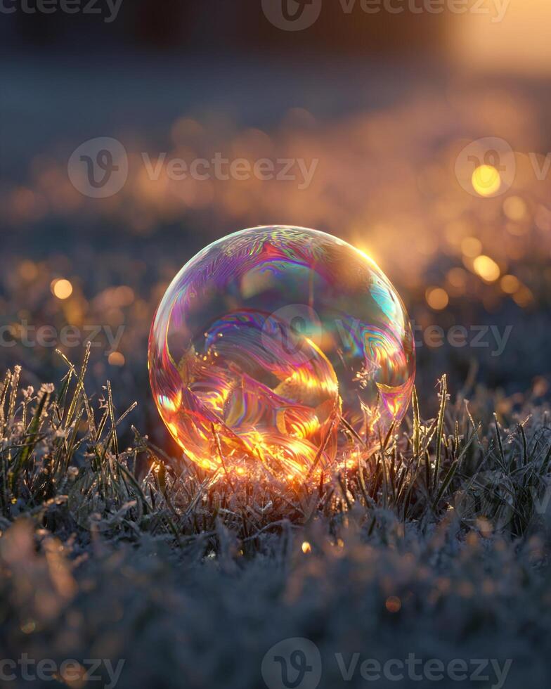 Winter Bubble with Prismatic Swirls on Frosty Grass photo