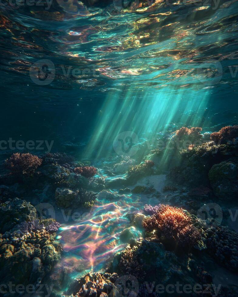 Crystal Clear Prismatic Sea Rays over Vivid Coral Reef, Hyper-Realistic photo