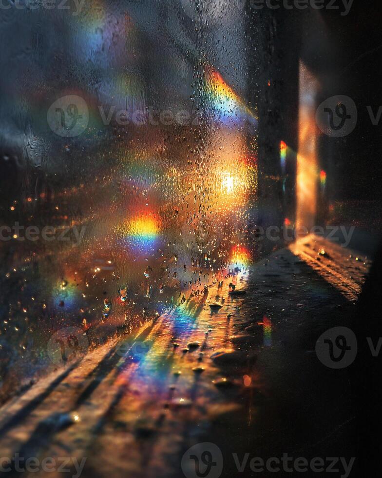 High-Resolution Prism Glow on Rain-Dappled Window Surface photo