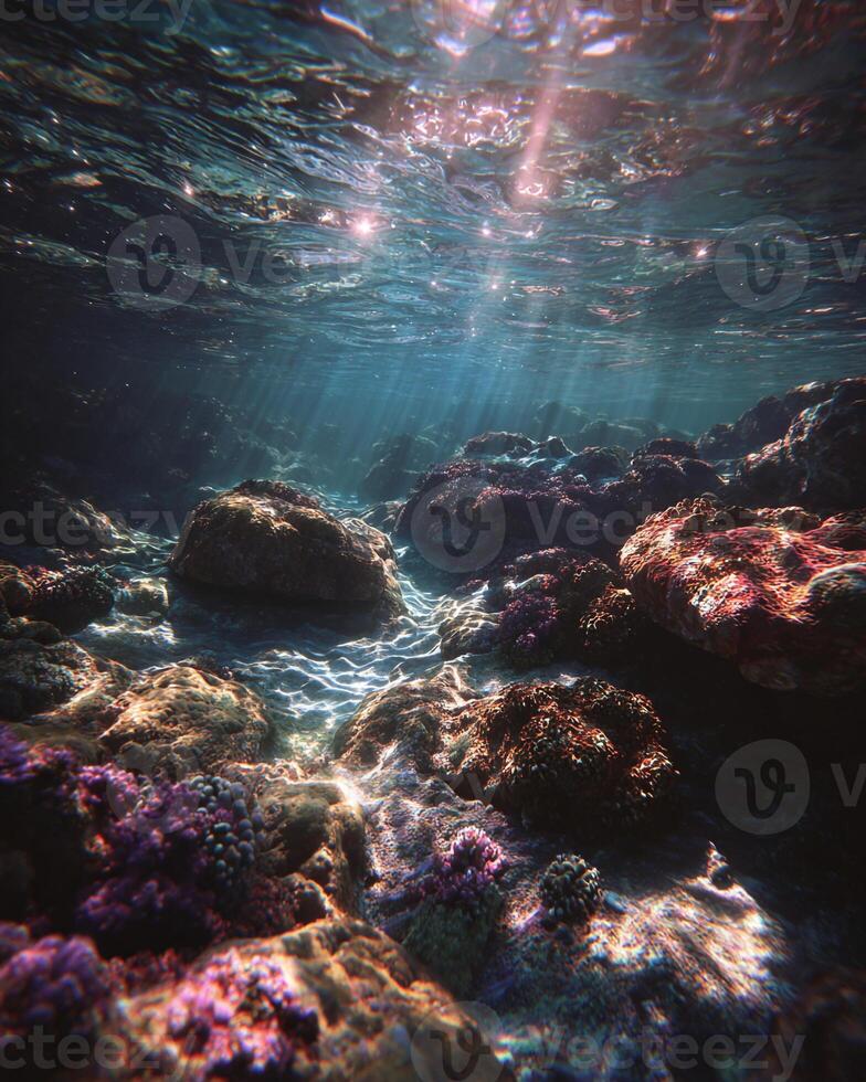 Photorealistic Underwater Scene with Prismatic Sunlight on Corals photo