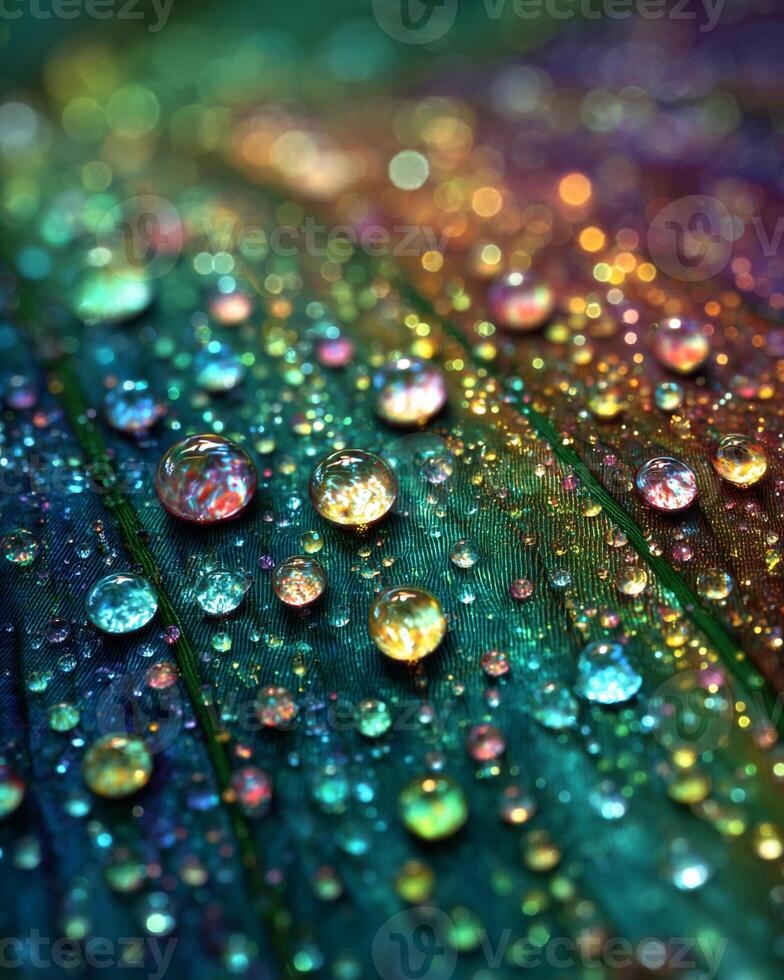 Early Sunlight on Dewy Leaf with Prismatic Water Reflections photo