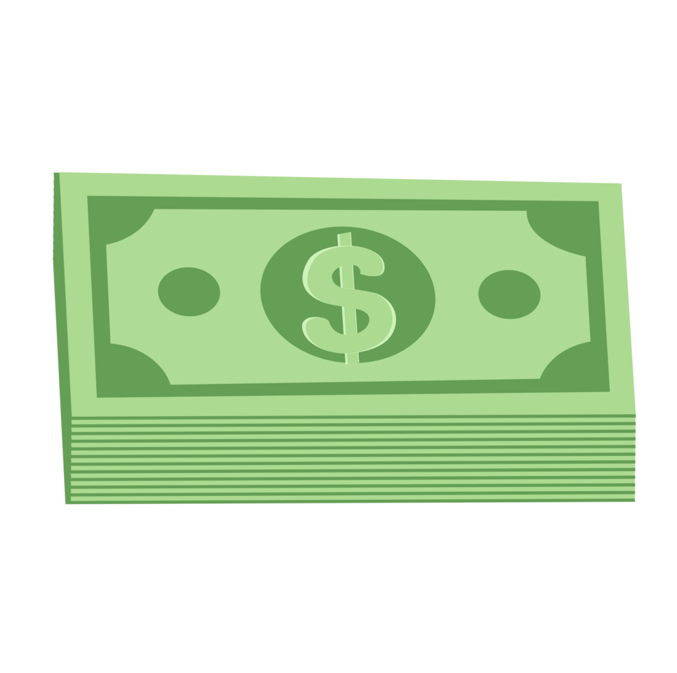 Neat stack of green dollar bills, simple design. png