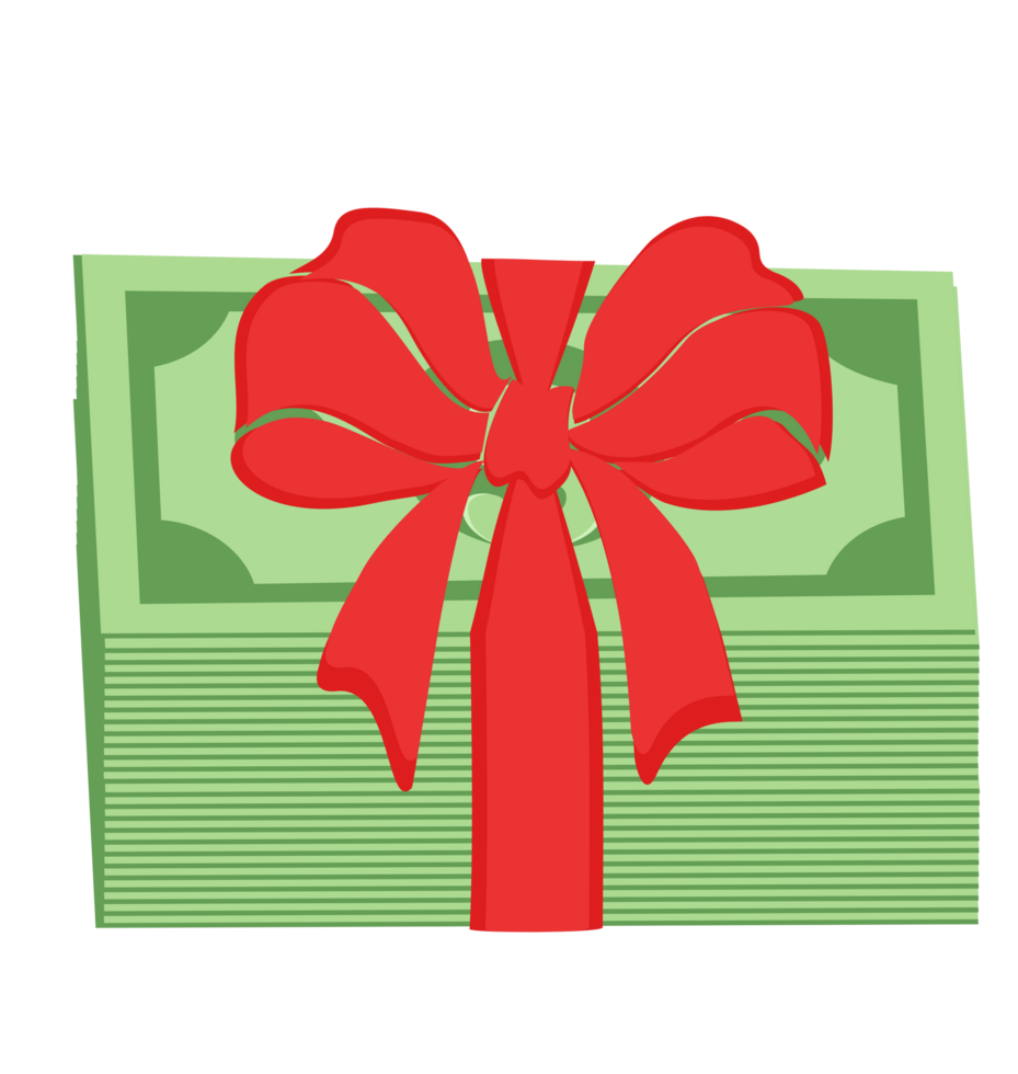 Stack of cash tied with red gift ribbon. png