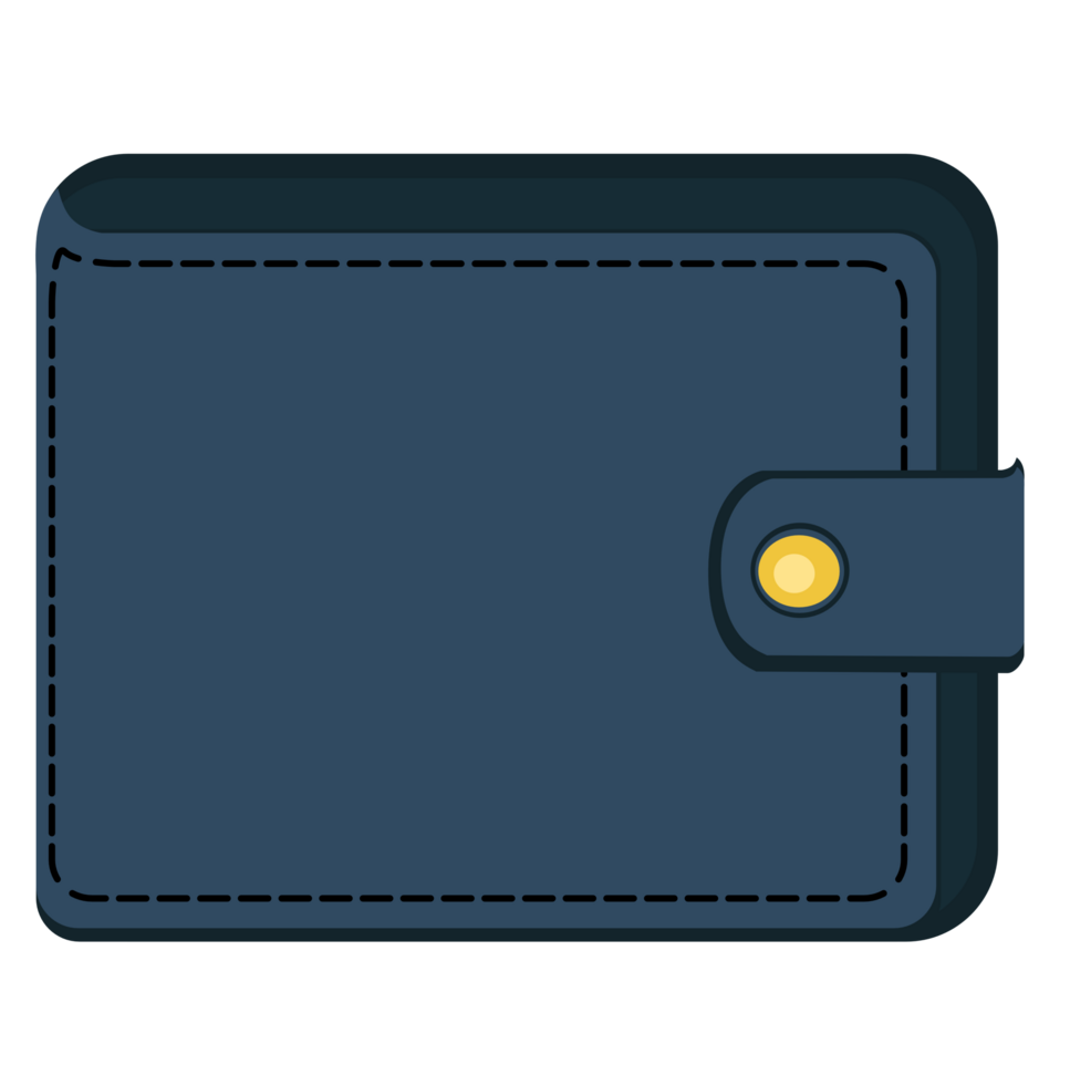 Dark blue wallet closed with gold button, minimal style. png