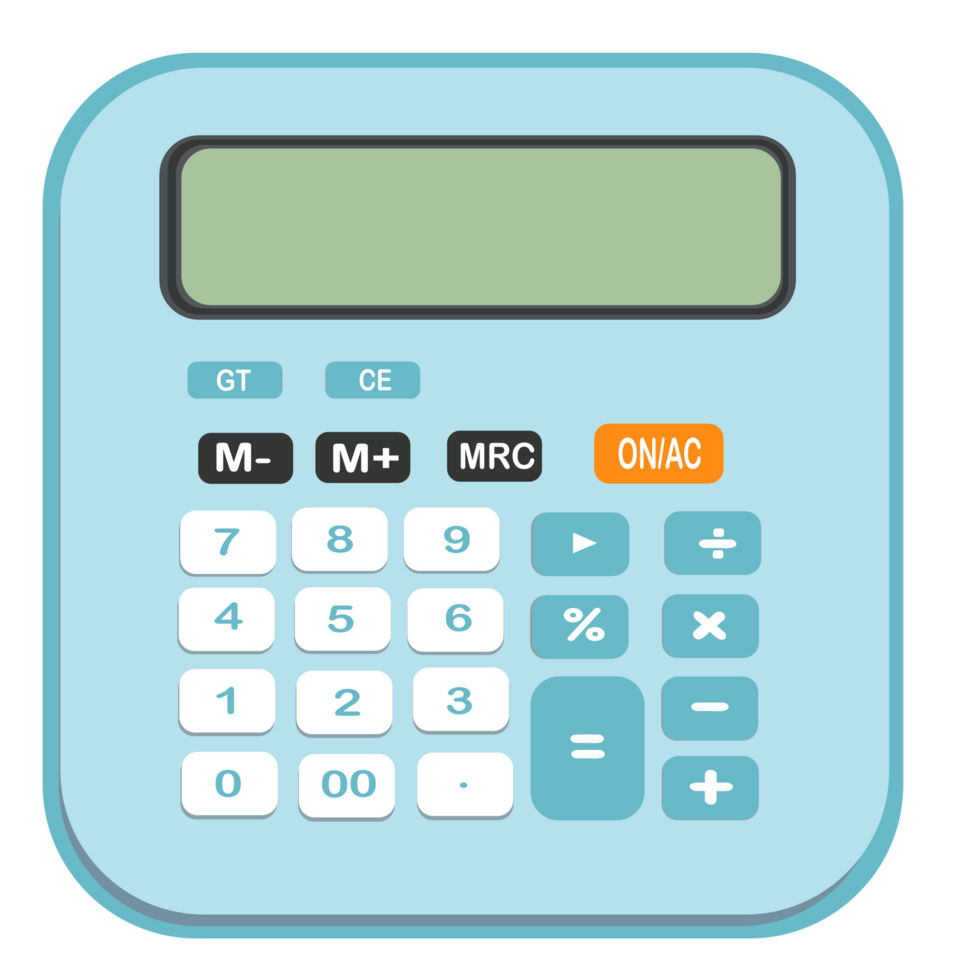 Blue calculator with full function buttons and clear display. png