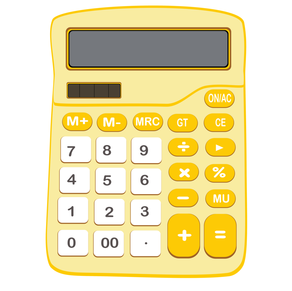 Yellow calculator with white keys and orange math functions. png