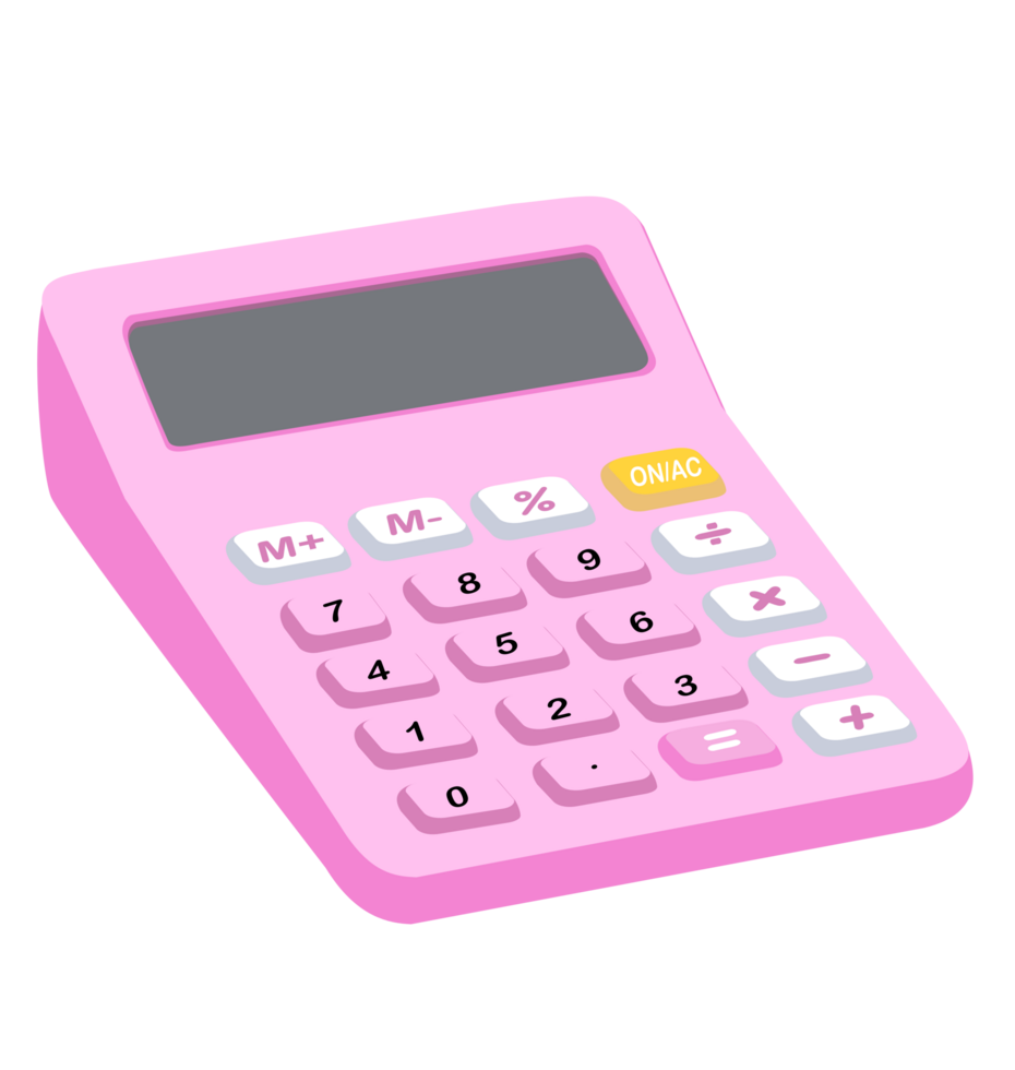 Pink calculator with math keys, 3D style, cute for budgeting. png