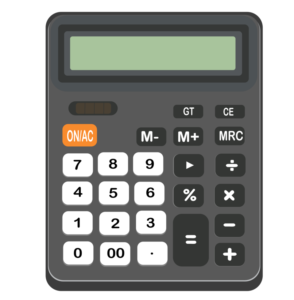 Dark grey calculator with full number pad and orange button. png