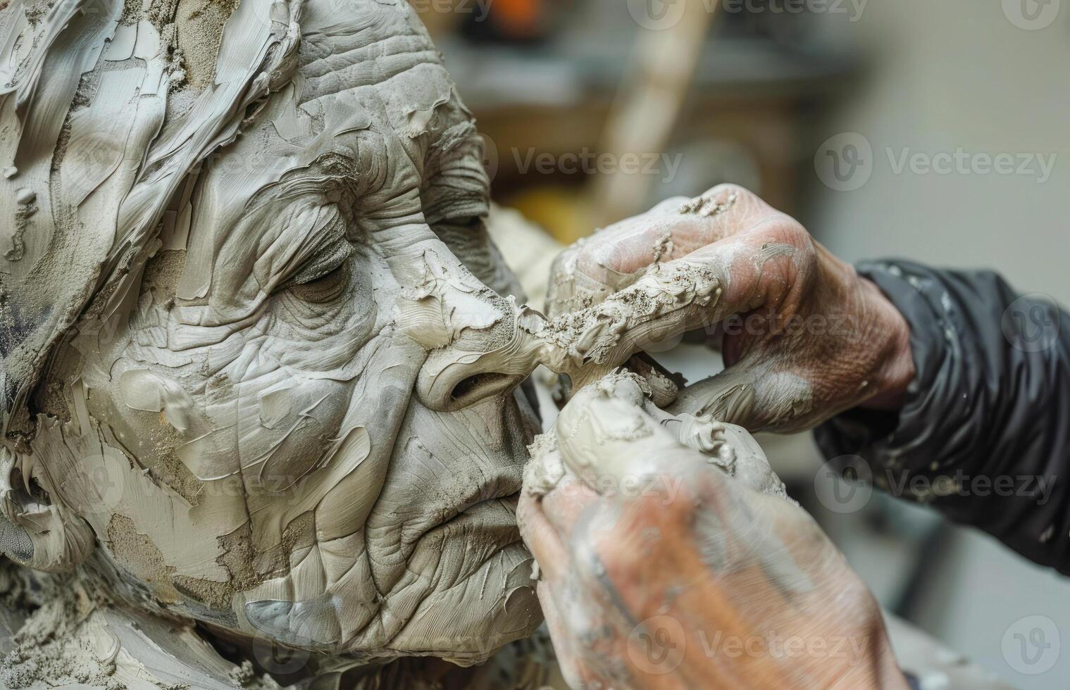 Close up of a sculptor working on a clay statue of an elderly woman in his workshop, the hands of the craftsman shaping the face, the sculpture in the making photo