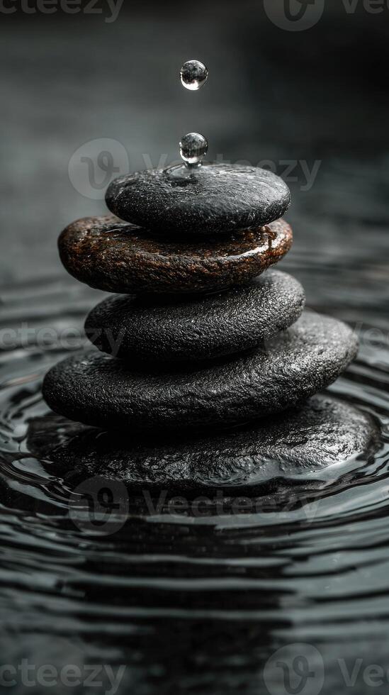 Stack of black smooth wet spa stones with water dripping on them. Vertical background for spa and relaxation photo