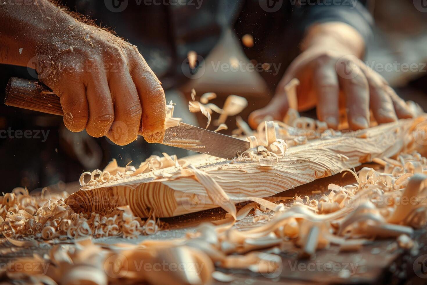 Close-up of hands carving wood with a chisel, surrounded by wood shavings. Concept of craftsmanship, woodworking, handmade art, or traditional skills photo