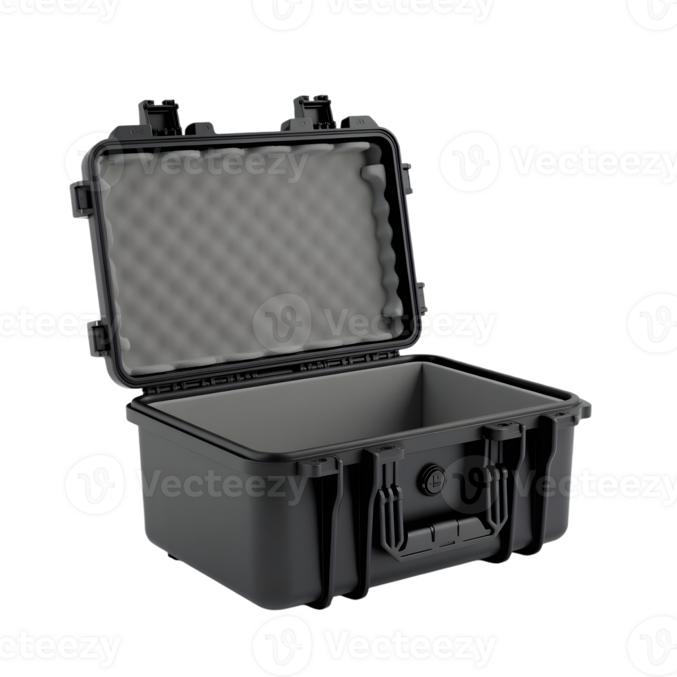 Open black protective equipment case with foam padding isolated on transparent background png