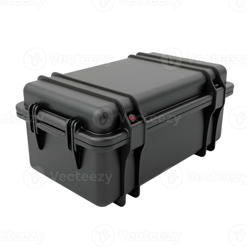 Durable black protective equipment case with latches and red indicator isolated on transparent background png