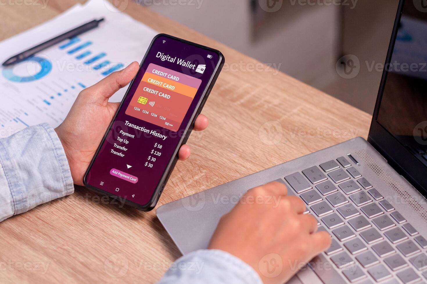 Online Payment or E-wallet transaction concept. Woman using digital wallet on her smartphone to pay online. photo