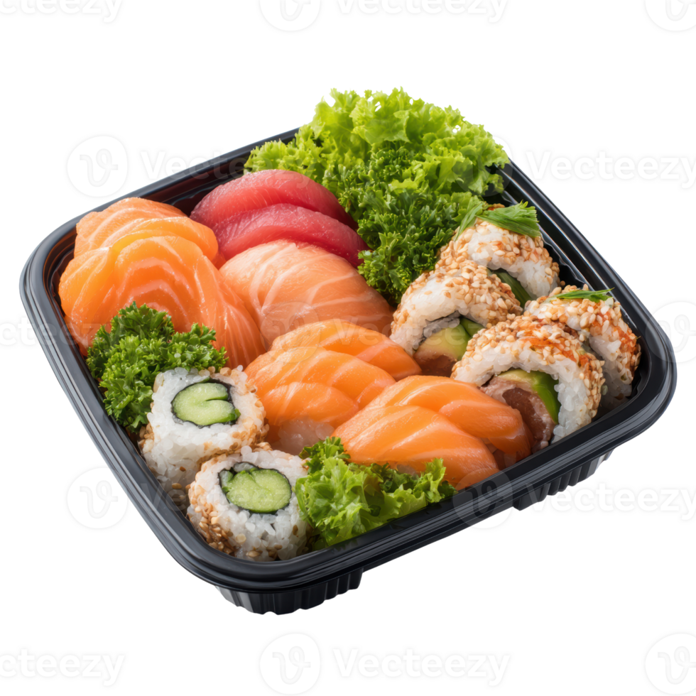 Fresh Sushi in Black Trays with Vibrant Colors and Details png