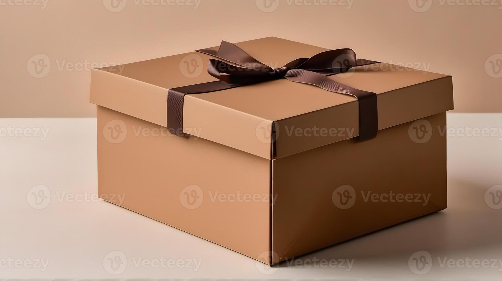 Square tan gift box with brown ribbon sits on cream surface against matching background in neutral palette. photo