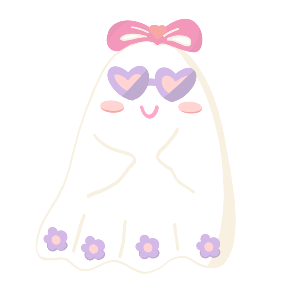 Halloween Ghost cartoon kawaii pastel with heart shaped glasses ribbon bow pink hand drawn illustration png