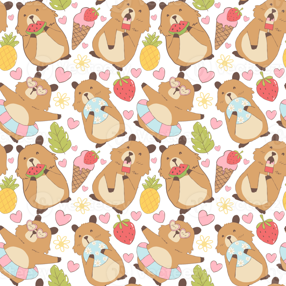 a pattern seamless with capybara and fruit on it theme summer kawaii cartoon background png