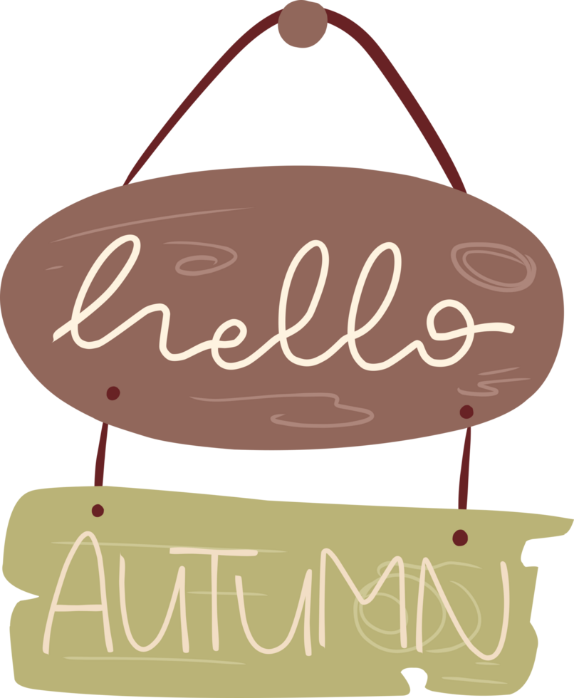 A cute wooden Hello Autumn hanging sign in brown and green. png