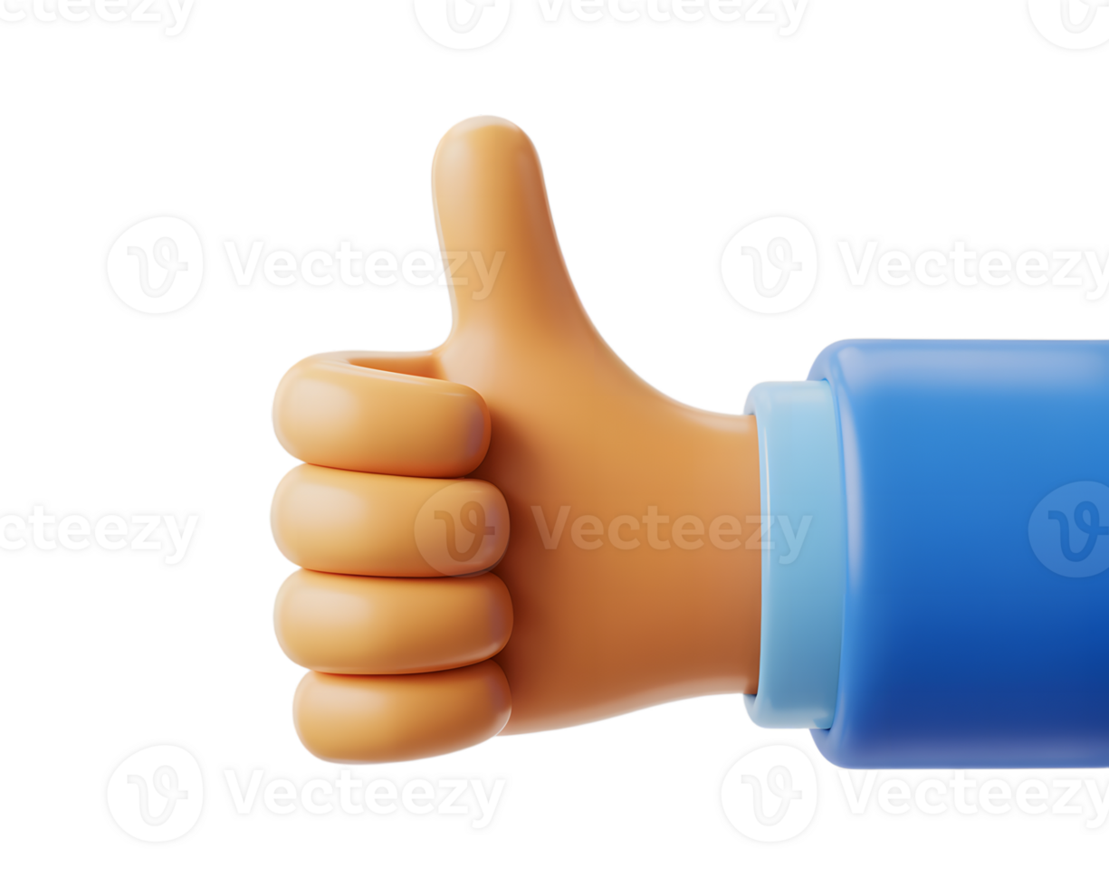3D Render of a Hand Giving a Thumbs Up Gesture with Blue Sleeve on Transparent Background rendered png