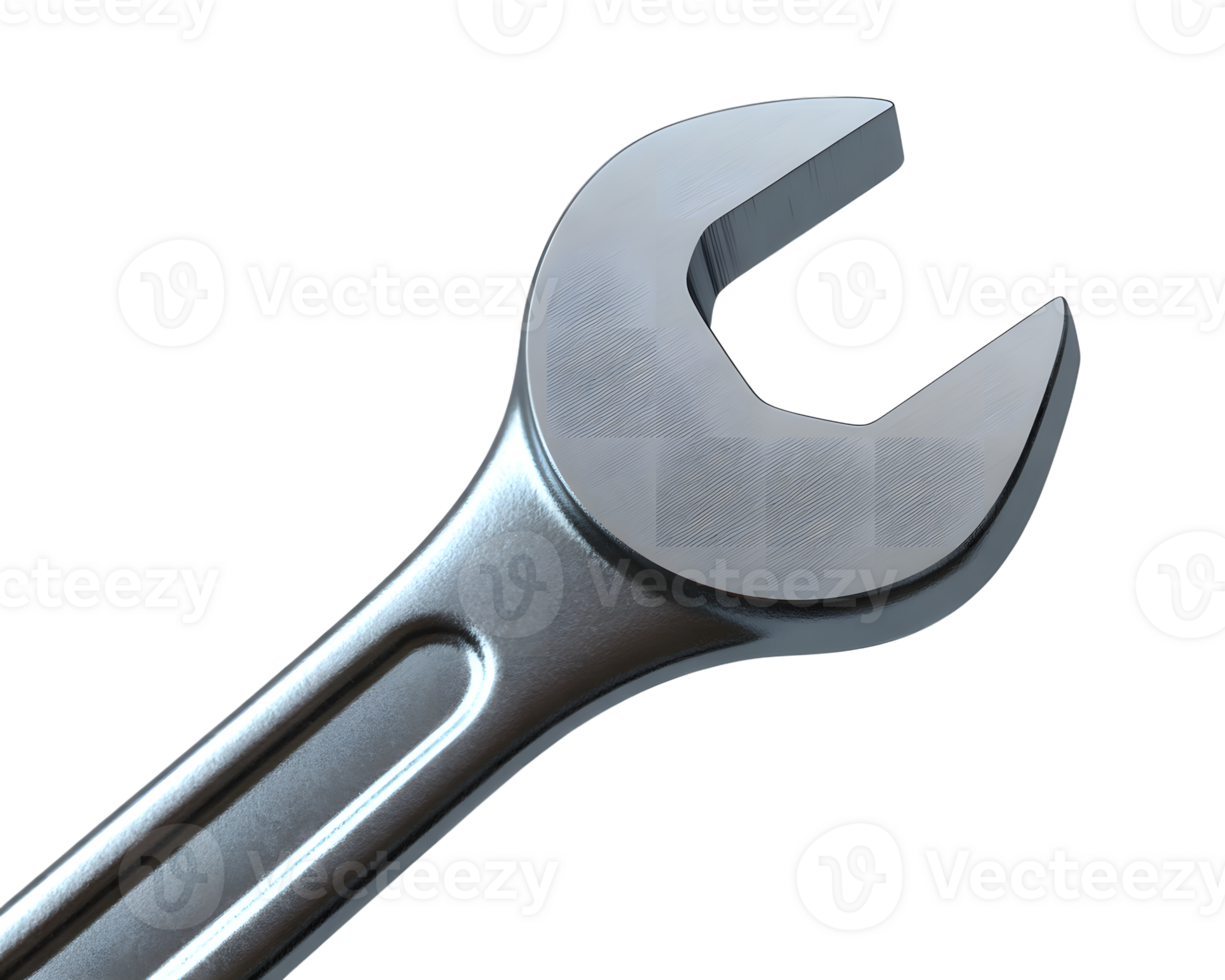 Close up of a shiny metal open end wrench tool on transparent background detailed close wrench The png