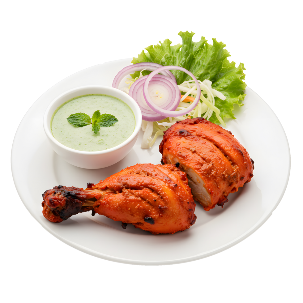 Delicious Tandoori Chicken Dish with Mint Chutney and Salad A Culinary Delight png