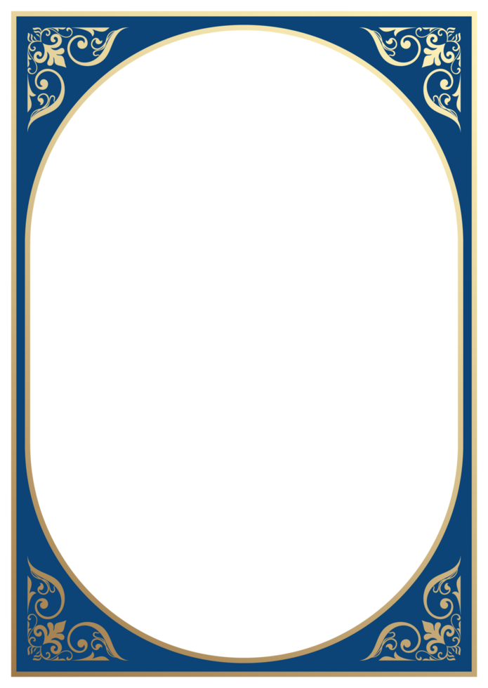 Oval border, gold frame on blue background, luxury abstract pattern transparent background png
