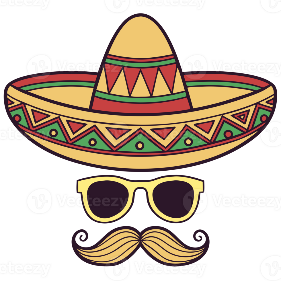 Festive mexican sombrero sunglasses and mustache graphic illustration on transparent background. png